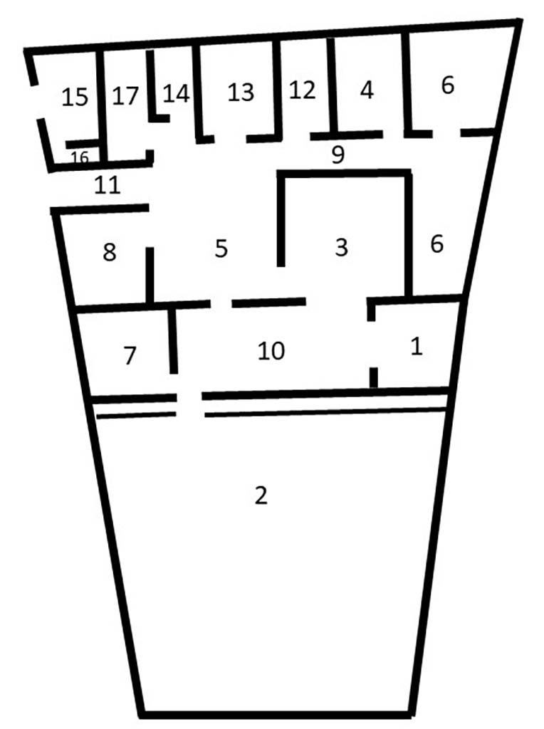 V.3 Pompeii. Casa del Giardino. 2019. Plan of the house after L. Ferro and M Osanna.

See Osanna M, 2019. Pompei. Il tempo ritrovato. Le Nuove Scoperte. Milano: Rizzoli, p. 139, fig. 4.